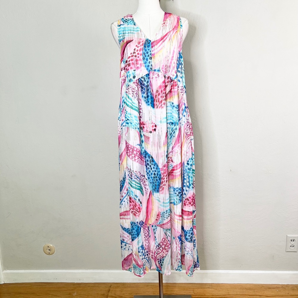 CIEBON Maxi Dress‎ XS Colorful Abstract Metallic V-Neck Racerback Tropical NWT